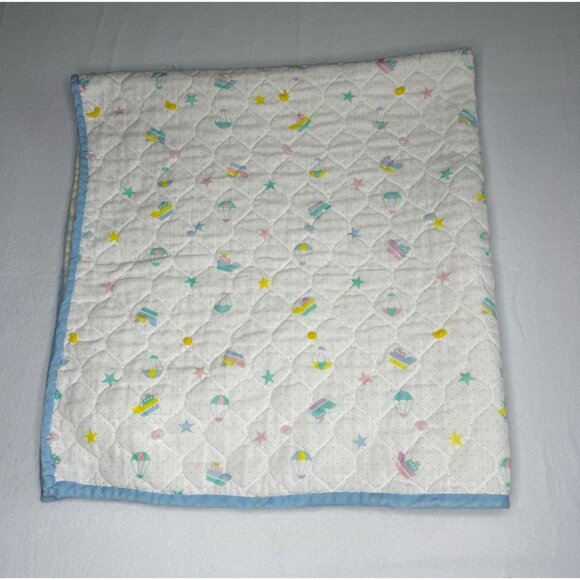 Handmade VTG Baby Blanket Blue Trim Stars and Boats Yellow Back Quilt - Picture 2 of 7